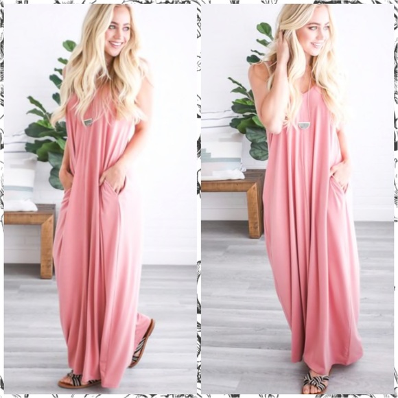 Dusty Rose pink spaghetti strap maxi dress with pockets Large L - Picture 6 of 7